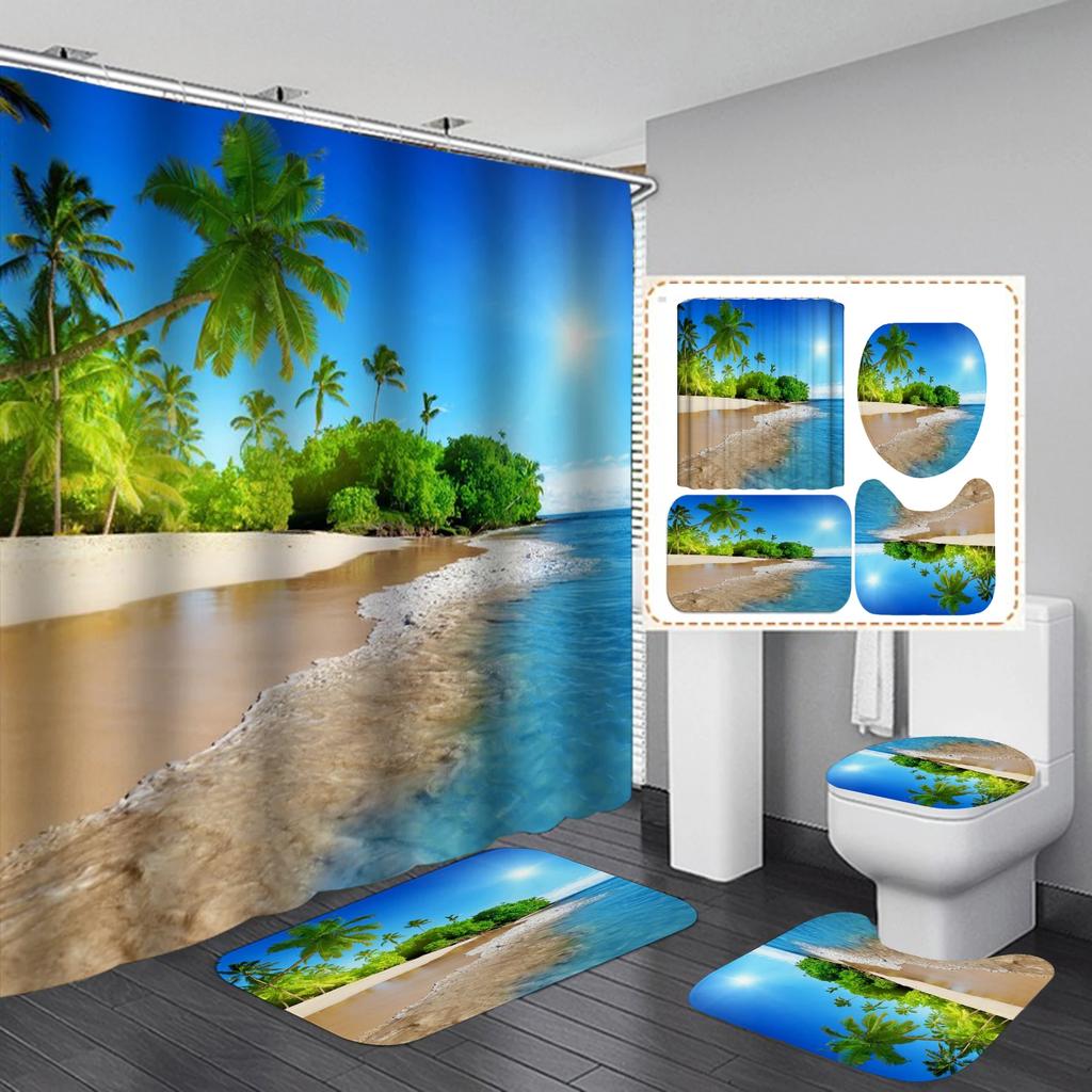 3D Dusk Beach Coconut Tree Waterproof Shower Curtains Purple Polyester Bathroom Sets Toliet Lid Cover Non-Slip Bath Mat Carpet