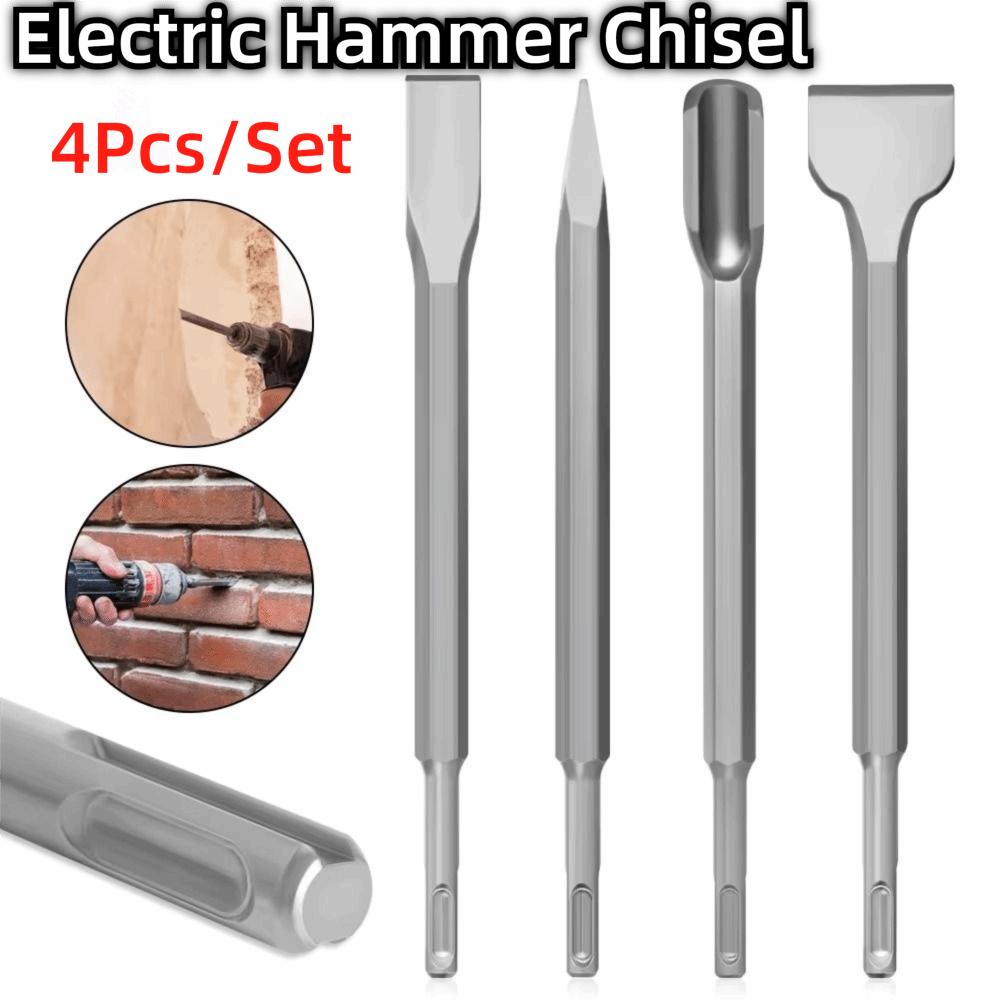 4Pcs Round Shank Hammer Drill Bit Pointed /Flat Bit Rotary Hammer Gouge Set  Tile Slotting