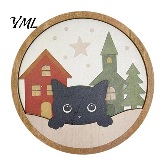 Decorative Wooden Plaques Christmas Black Cat Wall Decor, Layered Hanging Sign, Round 2D Holiday Gift Ideas Flat Art Decoration for Living Room