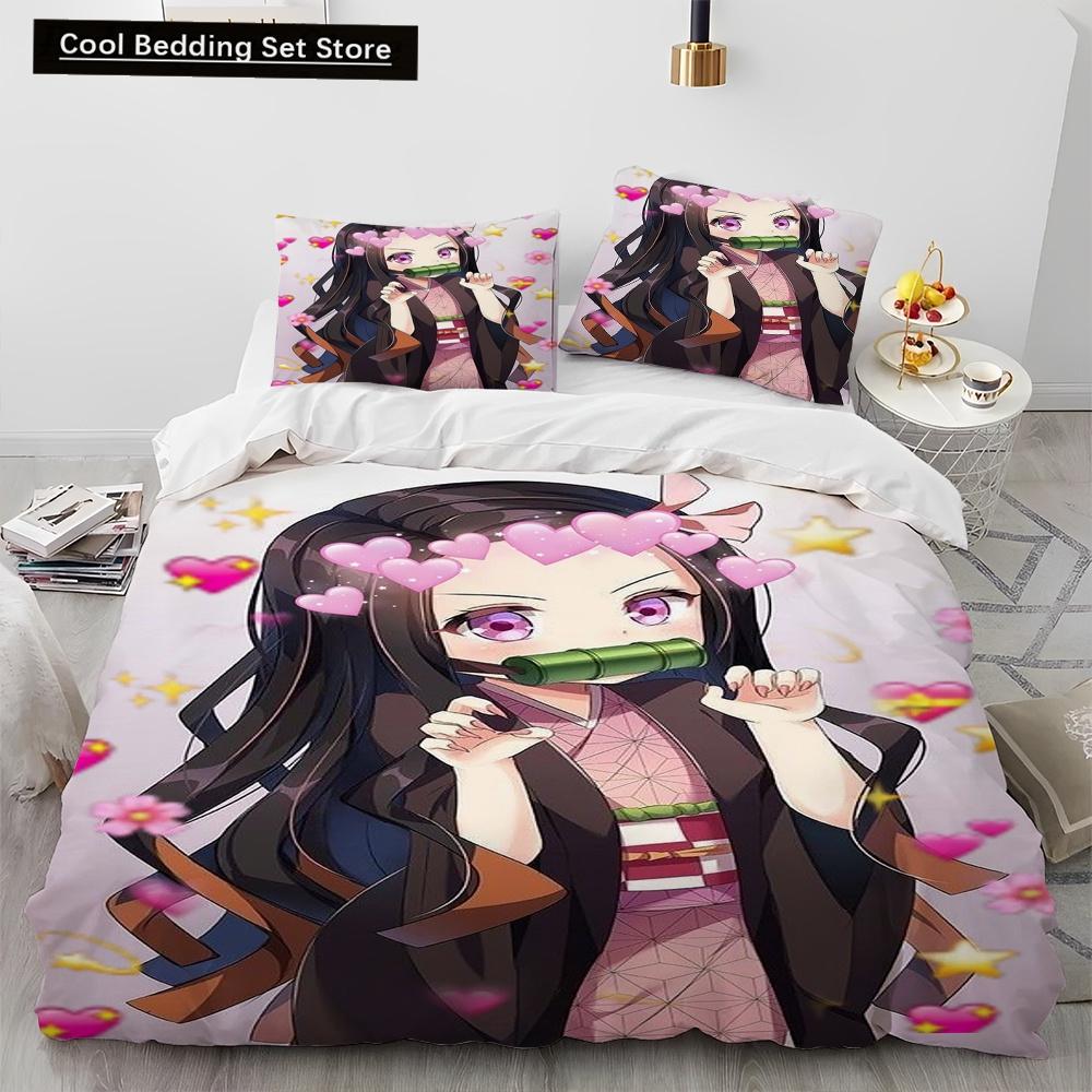 Demon Slayer Bedding Set Kamado Nezuko Duvet Cover Set Bedspread Pillowcase King Queen Full Single Size Bed Linen Kids Teen Gift