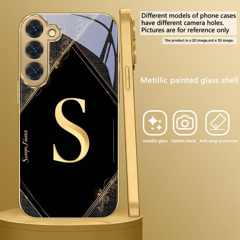 Luxurious Emblem Letters For Samsung Galaxy S26 S20 FE S21 S22 S23 Plus S24 Ultra S25Ultra S21+  S22Plus Golden Glass Phone Case