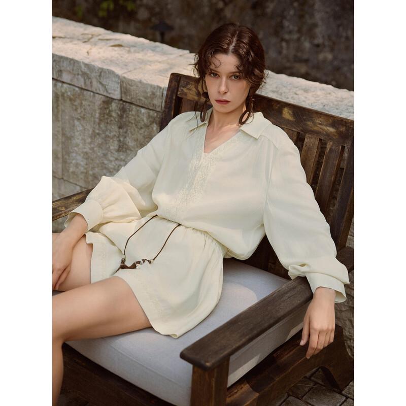 ELLE Women's Tencel V-Neck Embroidered Shirt
