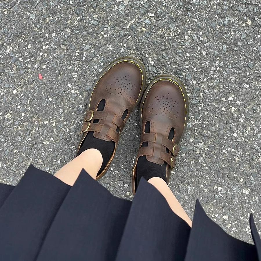 Cowhide Version~ Niche Versatile Martin Single Shoes Women's British Retro Casual Small Leather Shoes Hollow Thick-soled Mary Jane Shoes