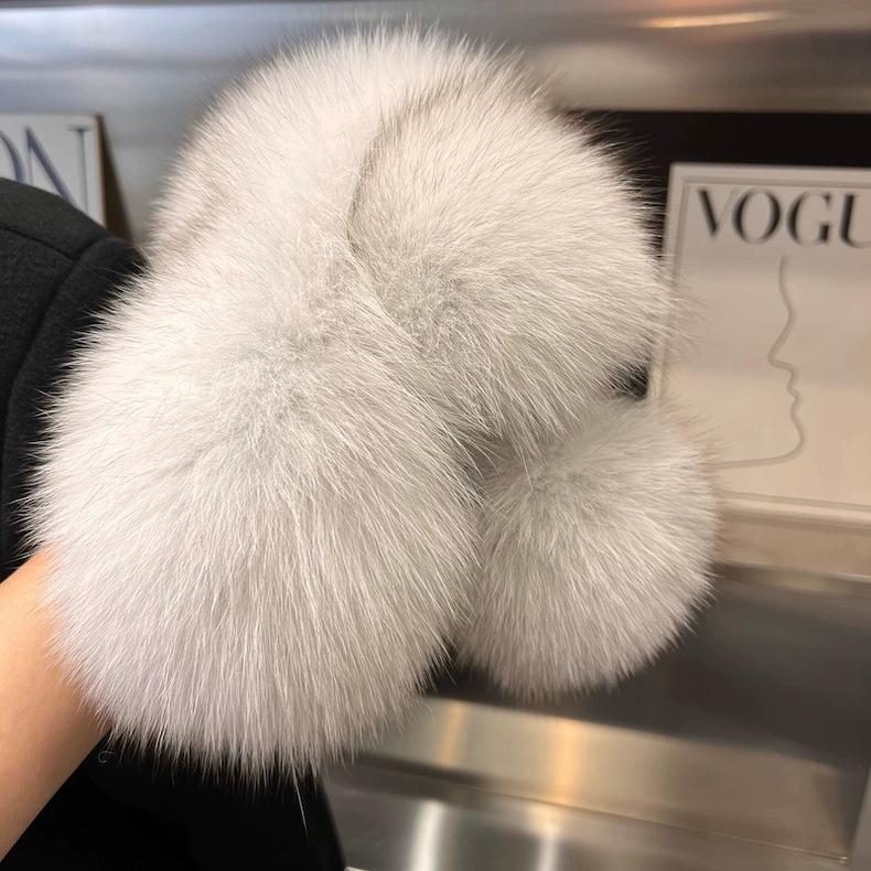 Damen Schal im Koreanischen Stil aus Echter Fuchsfell mit Großem Bommel und Magnetischem Verschluss - Beidseitig, Vielseitiger Nackenschutz für Herbst und Winter