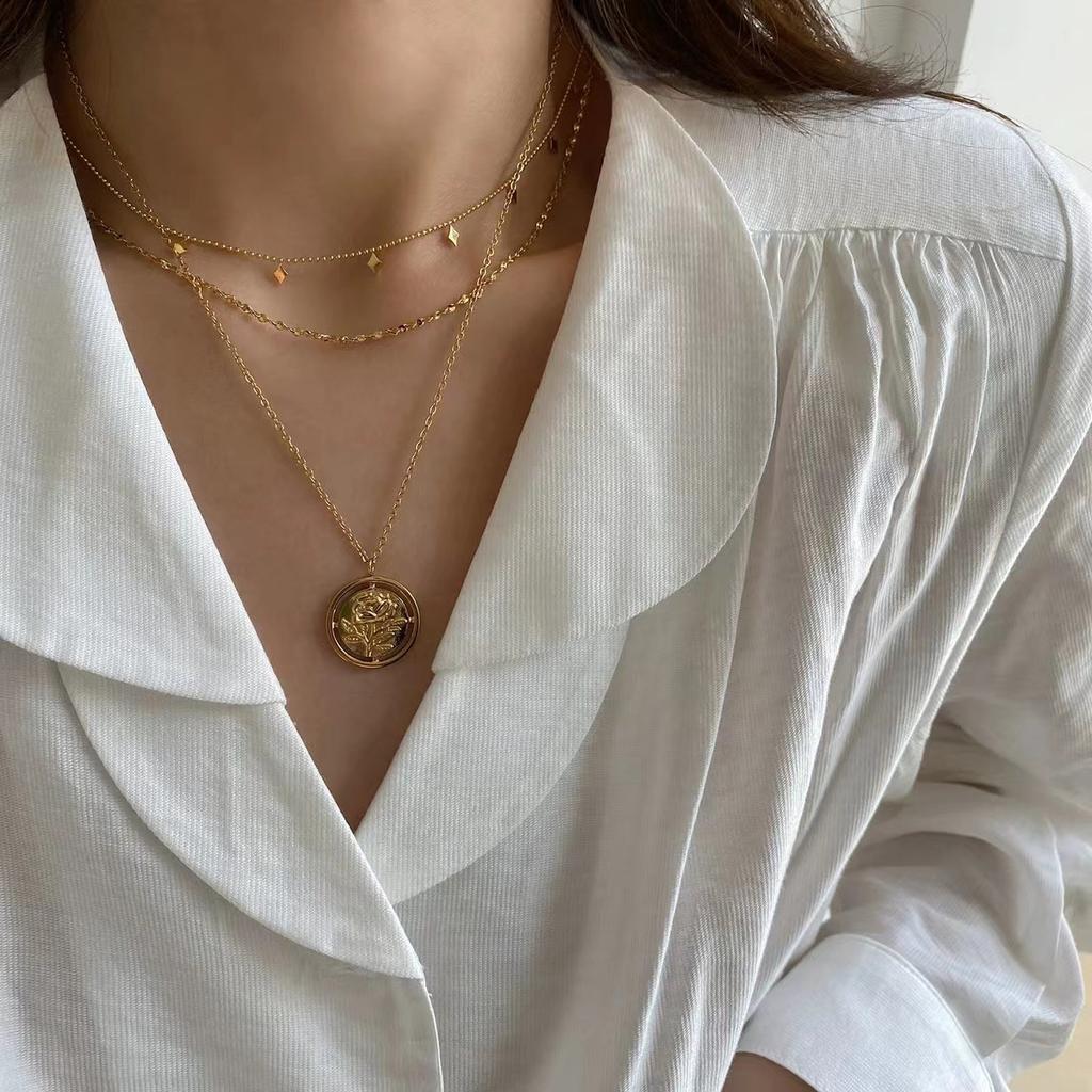  Double Stainless Steel Metal Chain Necklace 18K Gold Color Plated Pendant Stylish Waterproof Jewelry Trendy