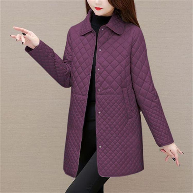 Autumn Winter Women Solid Color Diamond Grid Medium Long Thicken Warm Long Sleeve Cotton Jacket