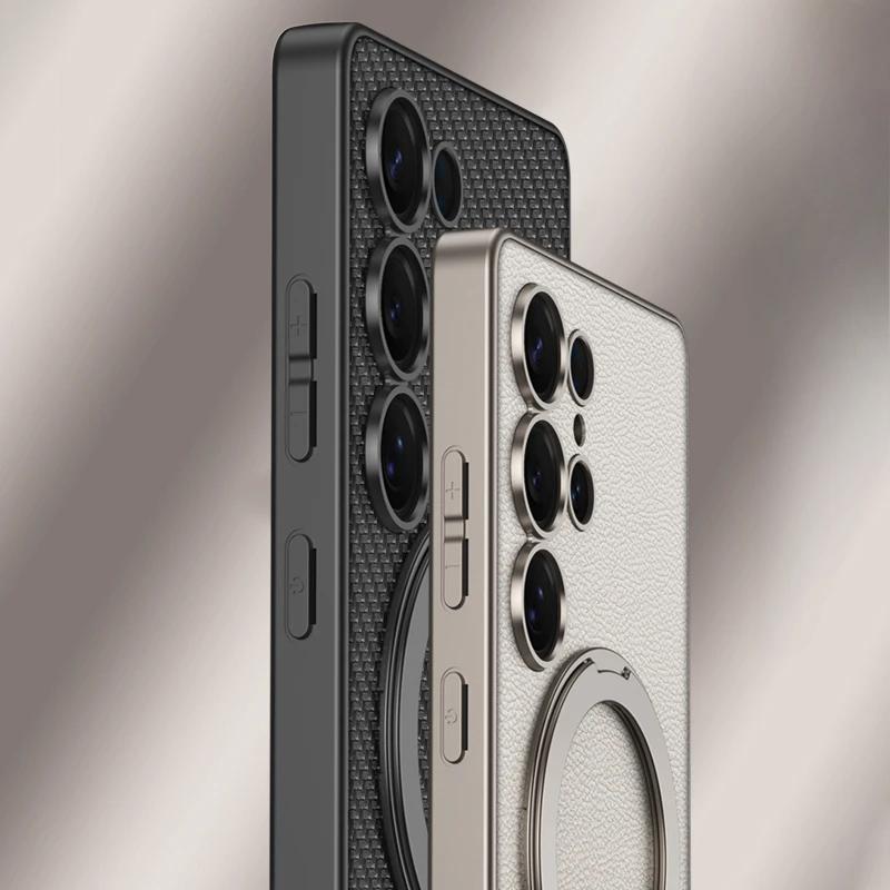 Magnetic Rotating Bracket Phone Case for Samsung Galaxy S25 Ultra Electroplate Leather Holder Shockproof Protective Cover