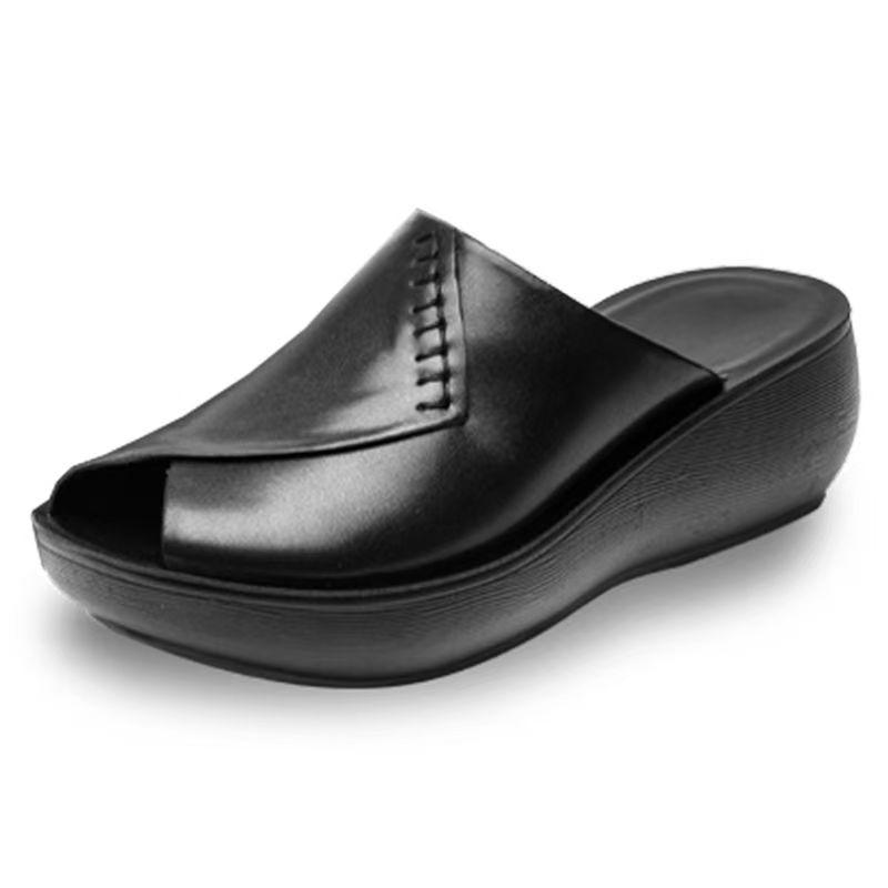 

Women Leather Wedges Peep Toe Slipper Summer New Thick Sole Non Slip High Quality Outdoor Increased Internal Slippers Sandals 35 чорний