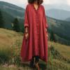 TIFICY Women's Fashion Spring Fall Solid Color Print Long Sleeve V-Neck Loose Waistline Casual Dresses