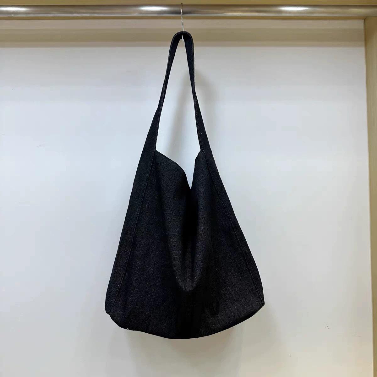 

Niche denim canvas bag casual simple cloth bag large capacity student shoulder tote bag чёрный