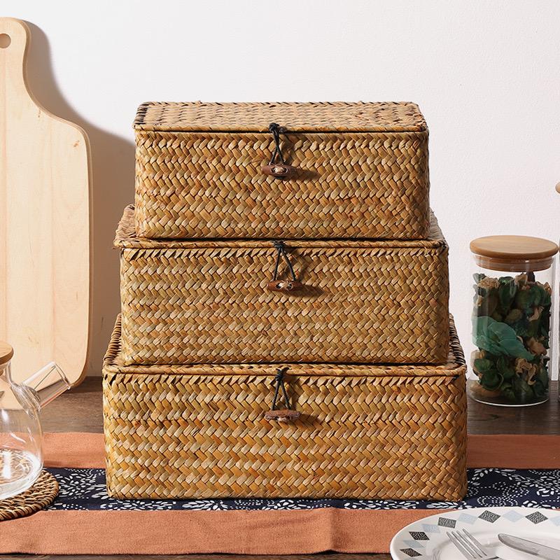 Seaweed Storage Basket with Lid Handmade Woven Storage Finishing Box Closet Organizer Sundry Bath Cosmetic Towel Container