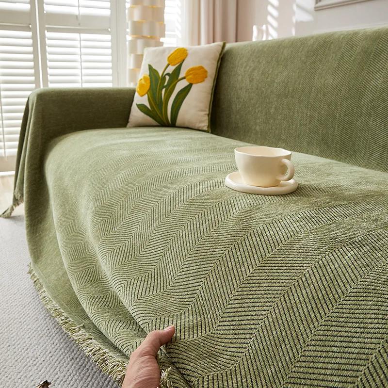 High Quality Waterproof Chenille Sofa Cover Cloth Green Striped Sofa Cushion Four Season Universal 3  Seat All Inclusive Blanket