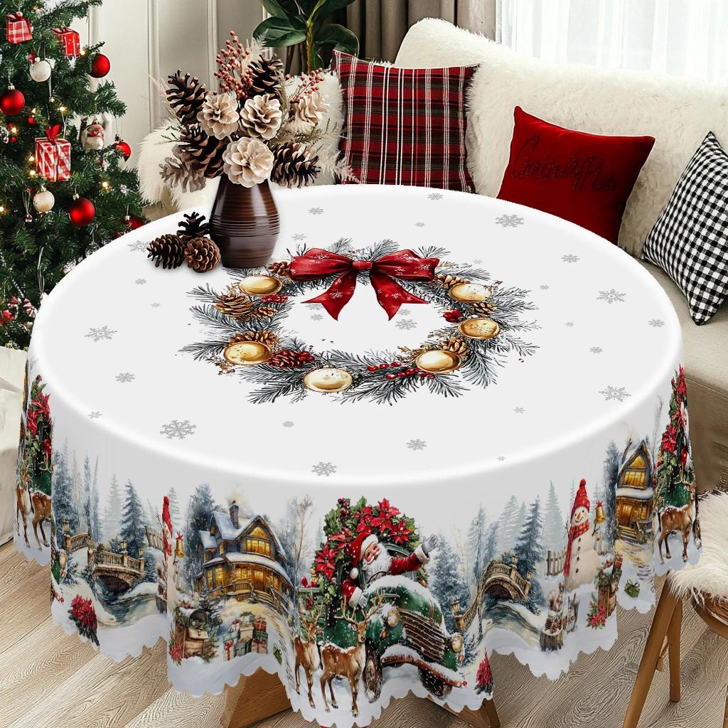 Merry Christmas Themed Printed Tablecloth, Retro Country Farmhouse Style, Santa Claus, Snowman for Christmas, New Year Party