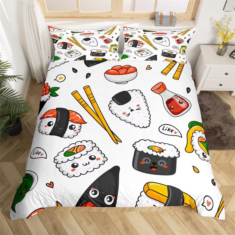 Cartoon Sushi Food Duvet Cover Twin For Kids Teen Microfiber Japanese Cuisine Bedding Set Kawaii Cat Cherry Blossoms Quilt Cover