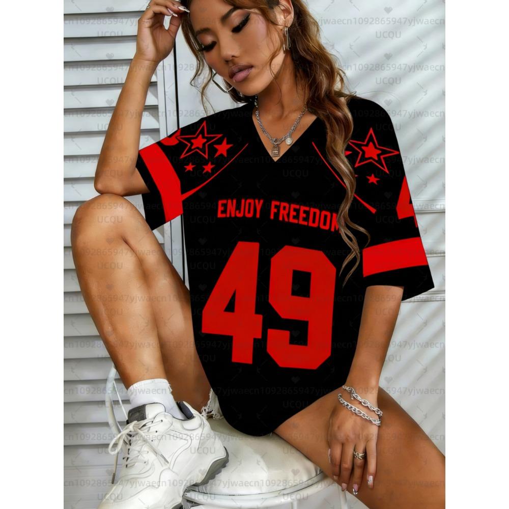 Women's Enjoy Freedom NO.49 Print V-Neck Short Sleeve T-Shirt Summer Graphic Tee Baseball Jerseys Plus Size Sport T-Shirt