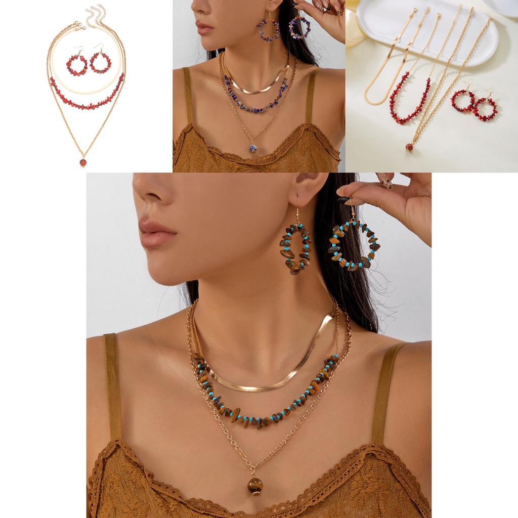 Geometric Alloy Crushed Stone Necklace Earrings Set For Women With Multilayer Design