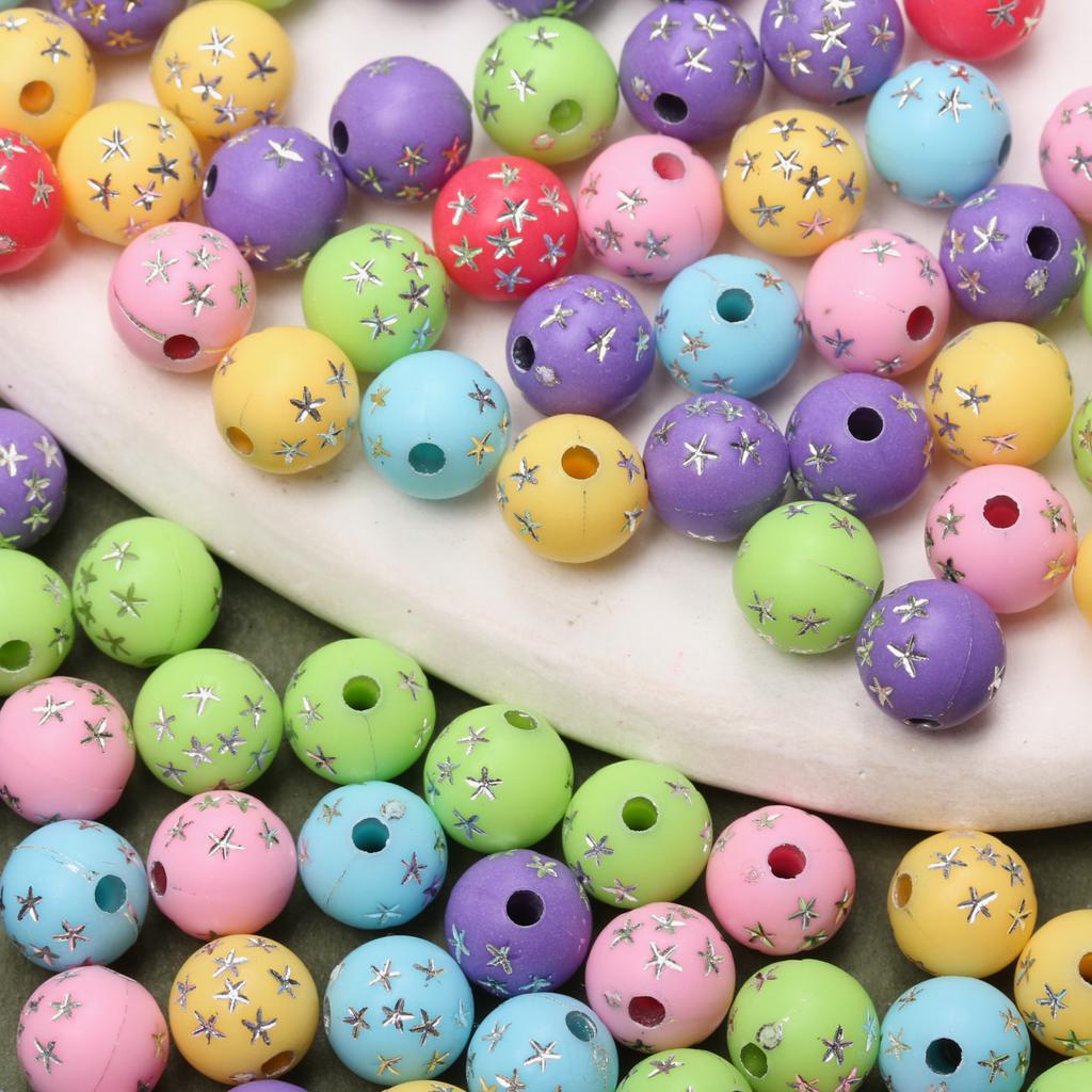 Creative Earrings Beaded Loose Beads 50pcs 7.5mm Acrylic Necklace Round Star-Patterned Accessories For DIY Jewelry Making Straight Hole Bracelet
