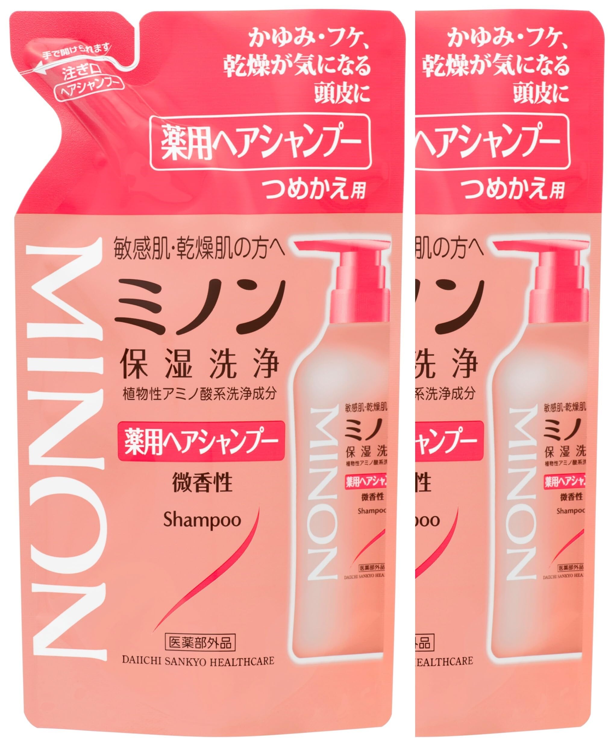 

Minon Лечебный шампунь для волос Запасной блок 380 мл Набор из 2 штук с образцом шампуня для волос Чувствительная кожа Зуд Перхоть Увлажняющий Предотвращение сухости Слабо розовый