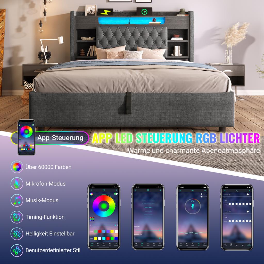Upholstered Bed 90x200cm with Hydraulic Box & LED Lighting, Frame with USB/Type-C Charging Function, Linen Fabric, Grey (Without Mattress)