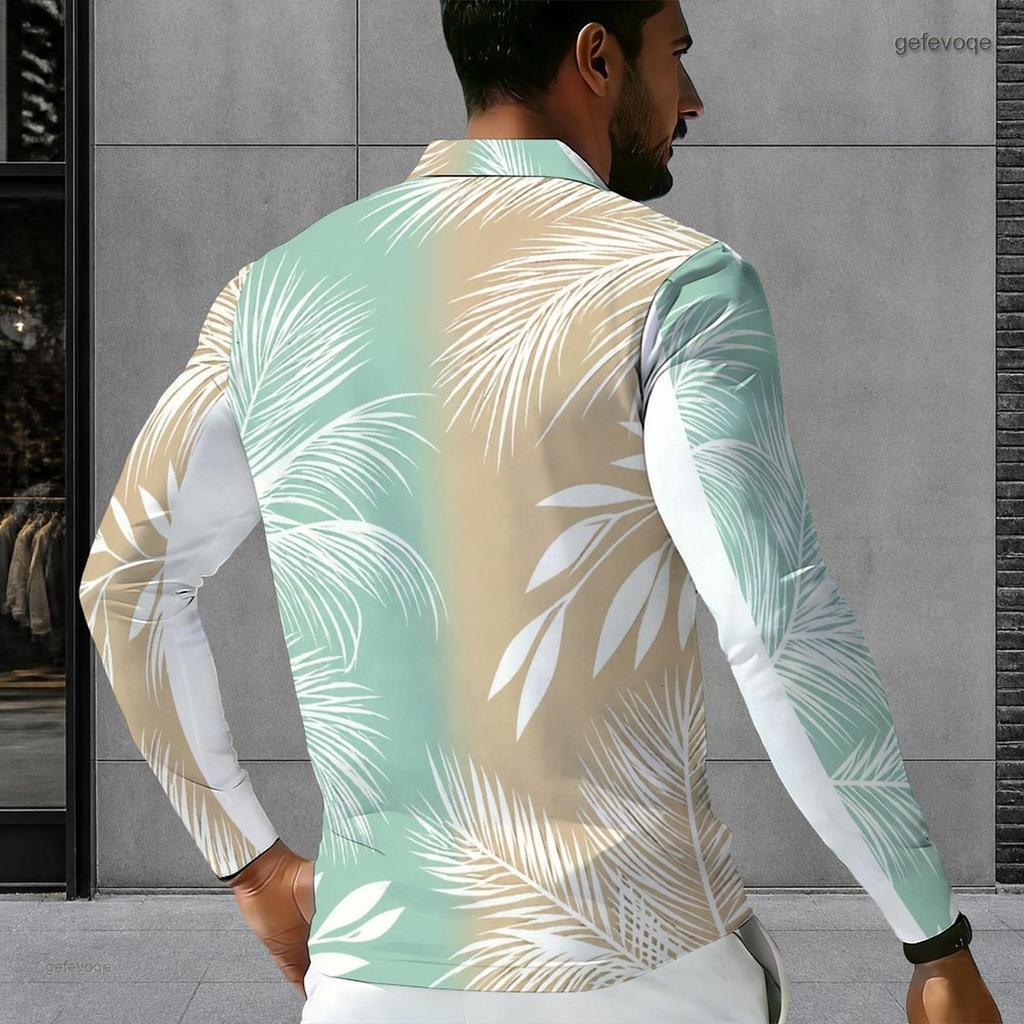 Men s Plus Size Quarter Zip Long Sleeve Collared Tropical Floral Printed Polo Shirt With Side Pockets