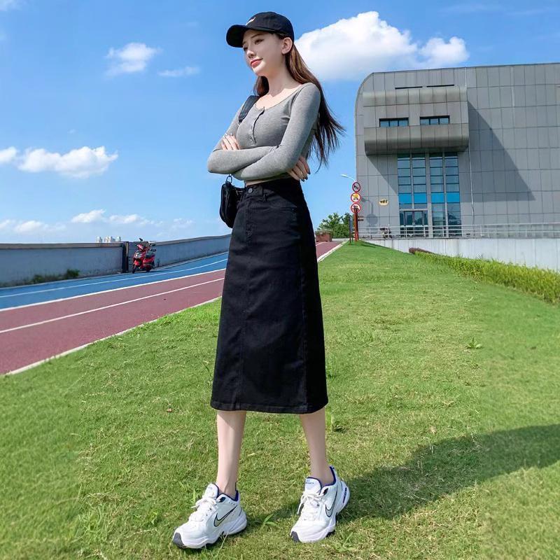 

Женская винтажная джинсовая юбка миди с разрезом и высокой талией 2025 - Летняя миниатюрная А-силуэта облегающая Extra Large