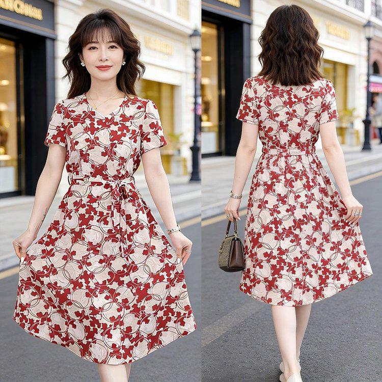

Chic Summer Printed Dress for Middle-Aged & Elderly Women - Plus Size, Waist-Cinched XL (suggested weight 43-50kg) красный