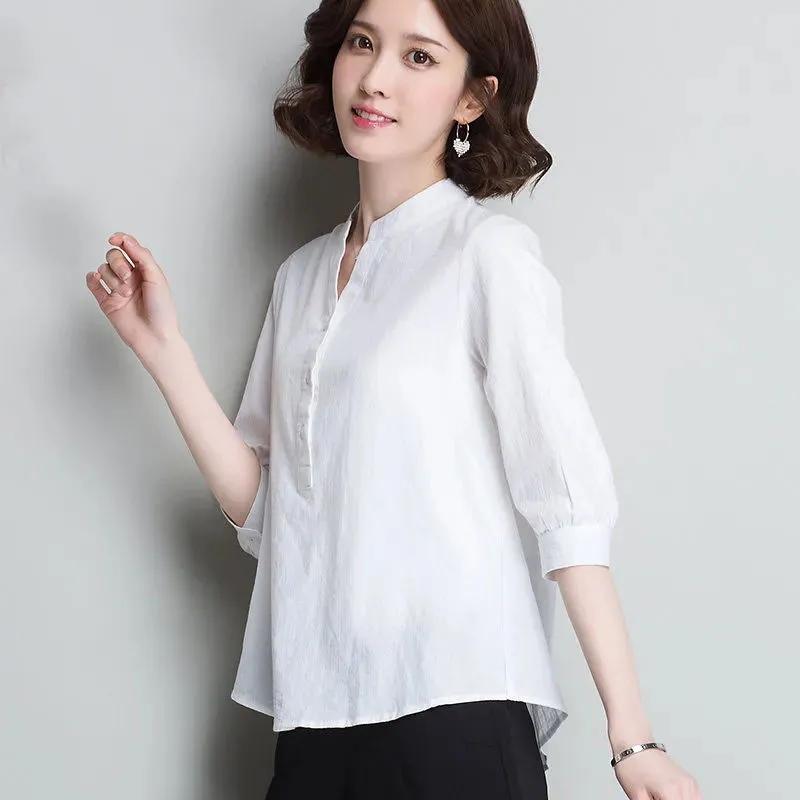 

Рубашка из 100% хлопка, синяя летняя корейская блузка с воротником-стойкой и пуговицами, топ с рукавами три четверти, женские свободные профессиональные белые рубашки 2XL белый