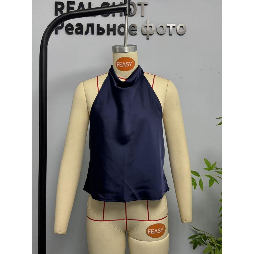 

A New Summer Silk Satin Textured and Elegant Neckline Top L тёмно-синий