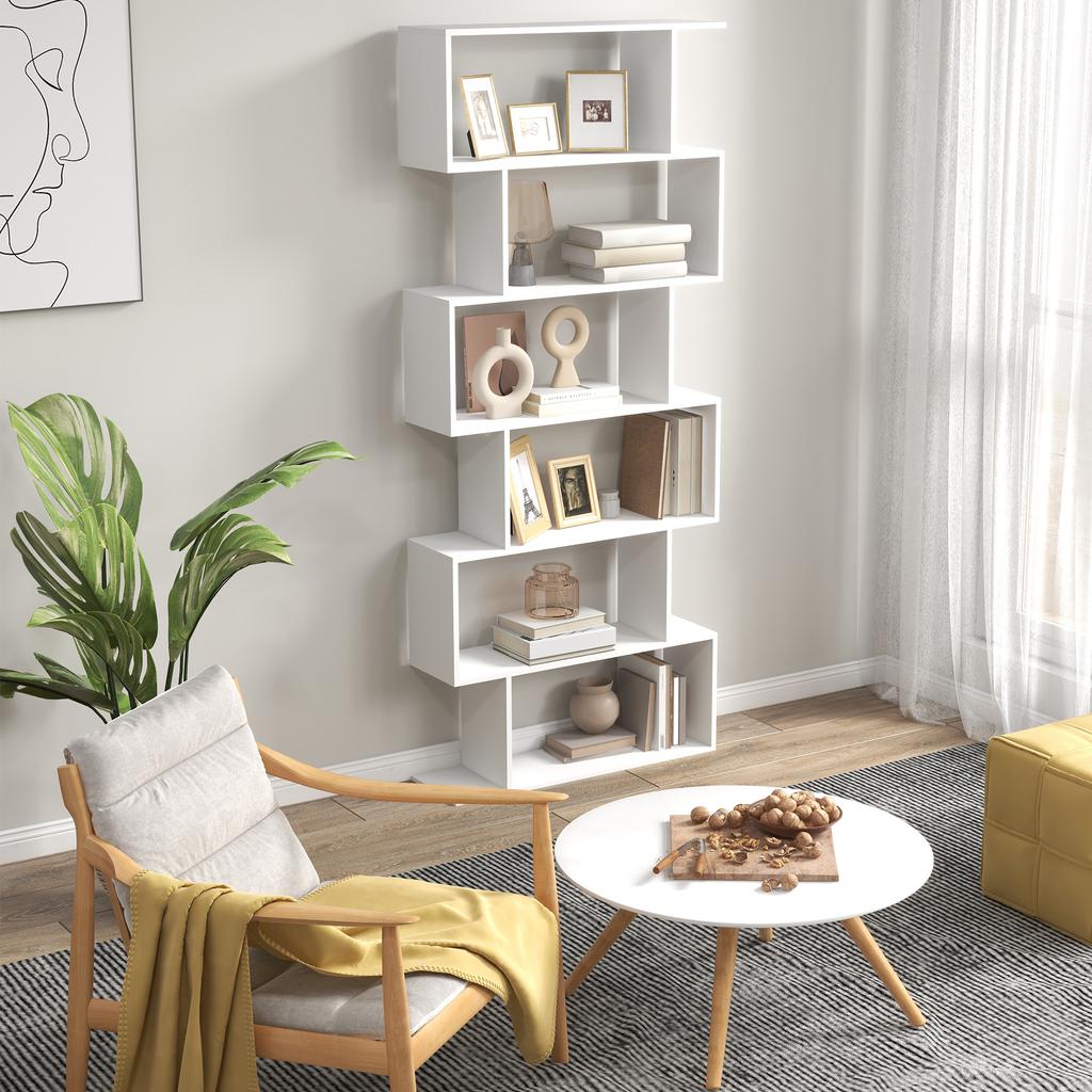 Bookcase Shelf Zig Zag Contemporary Design 80L x 23W x 192H cm 6 Levels White