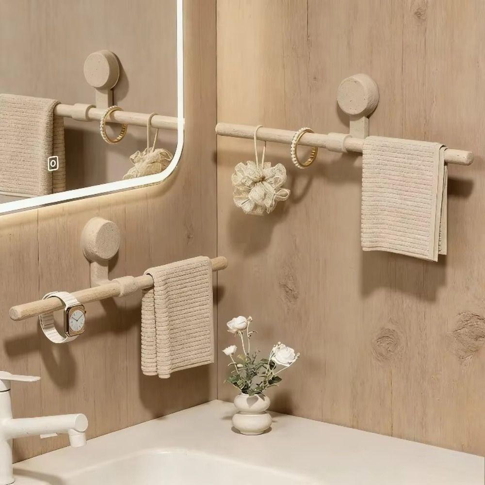 Punch-free No-Drill Towel Bar Cream Style Bathroom Hanging Rod Suction Cup Towel Rack  Wall Mounted