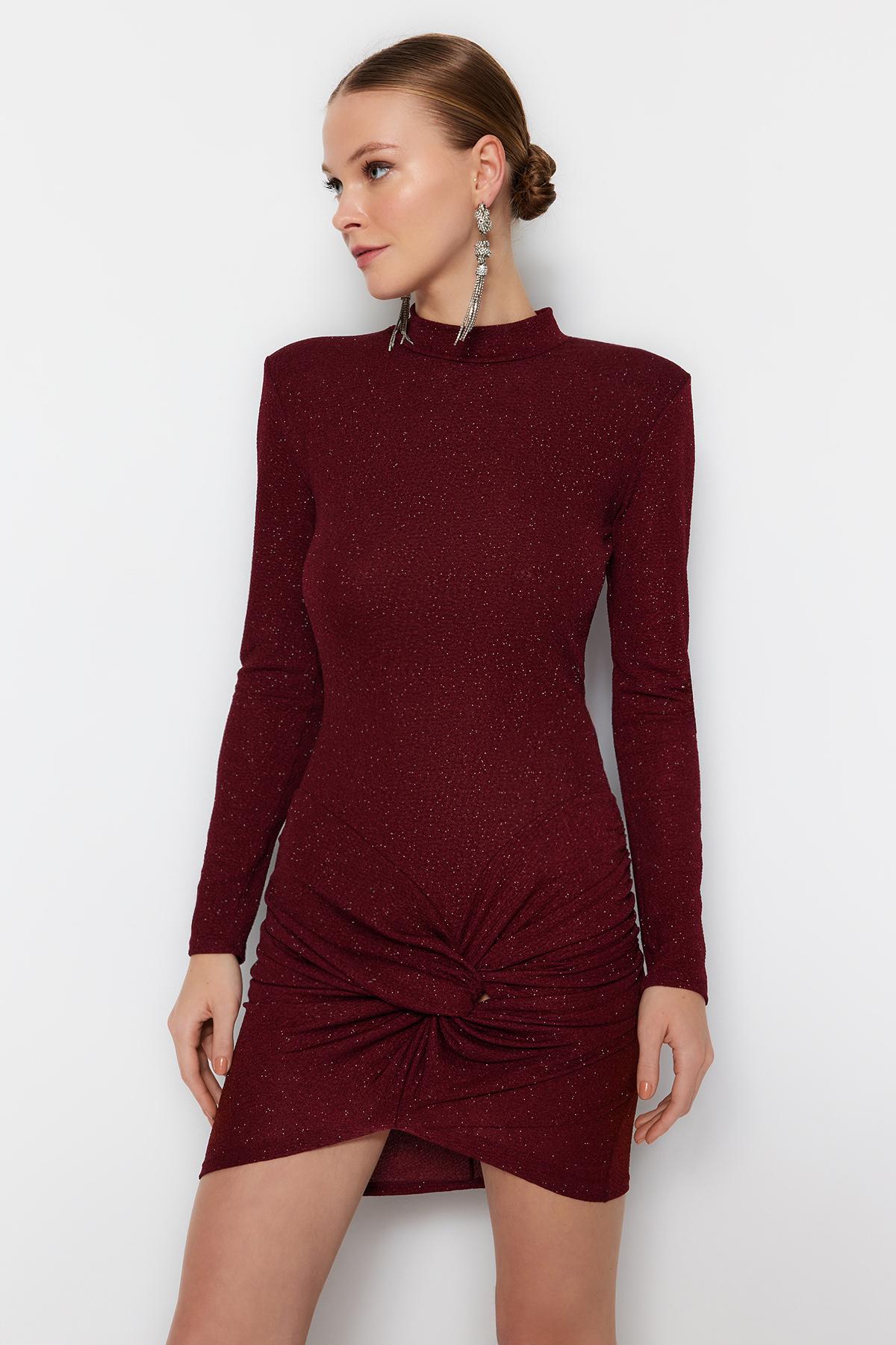 

Women s Dress New Season Fashion Burgundy Fitted Shiny Knitted Stylish Evening Dress