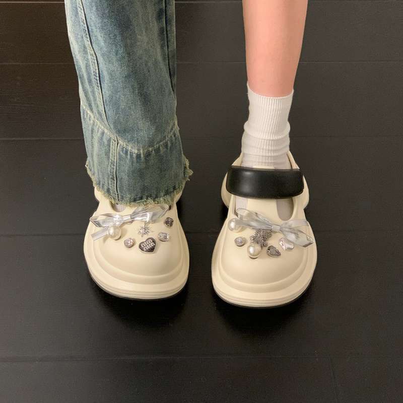 Sweet Bow Platform Hole Shoes Women's Spring and Summer 2025 New Outer Wear Heightening Rhinestone Bag Head Half Slippers