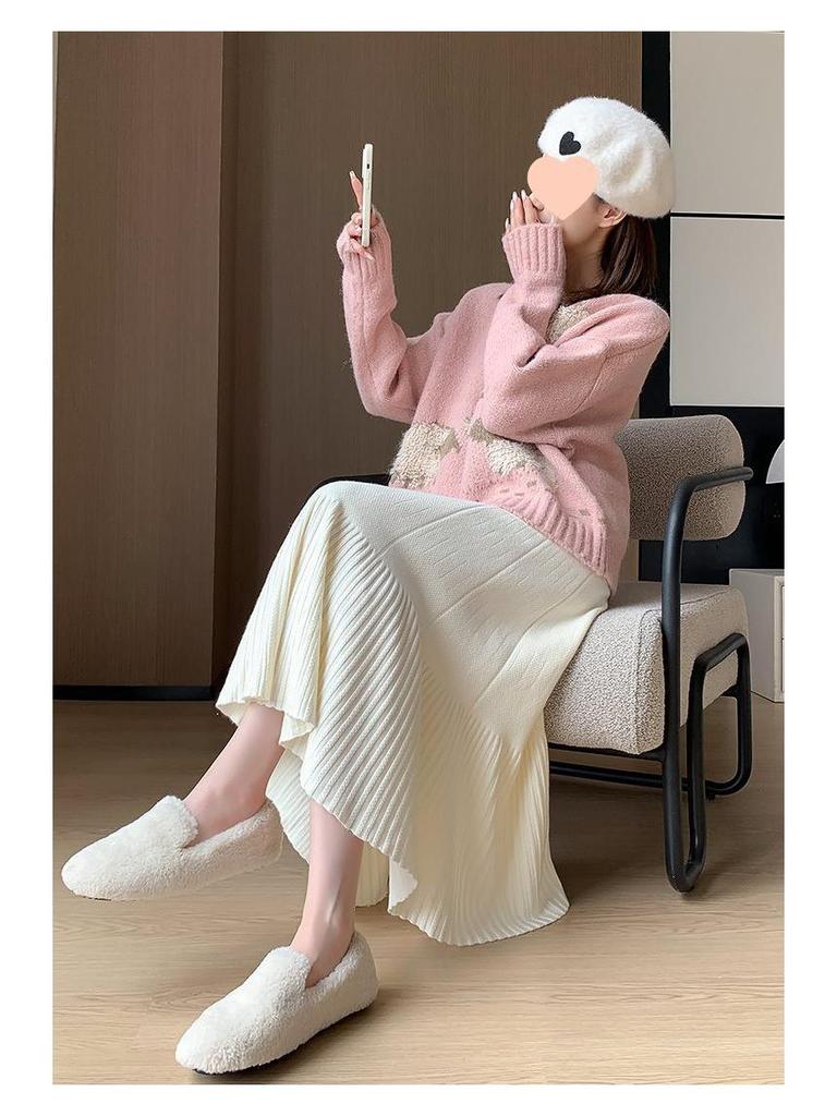 2025 New Women's High Waist Knitted A-line Pleated Midi Skirt for Autumn/Winter