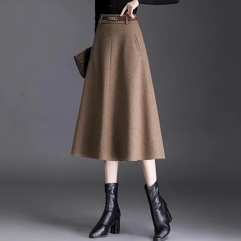 Woolen Skirt Women's Autumn Winter New Style Small Person Control High Waist Slimming Mid-length A-line Skirt