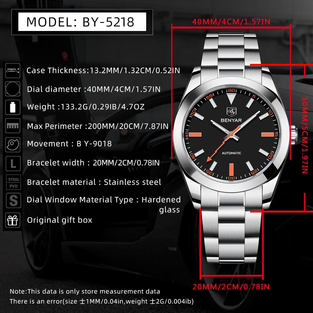 New BENYAR DESIGN Brand Fashion Watches For Men Sapphire Mirror Mechanical Men's Watches Waterproof Stainless Steel Watch