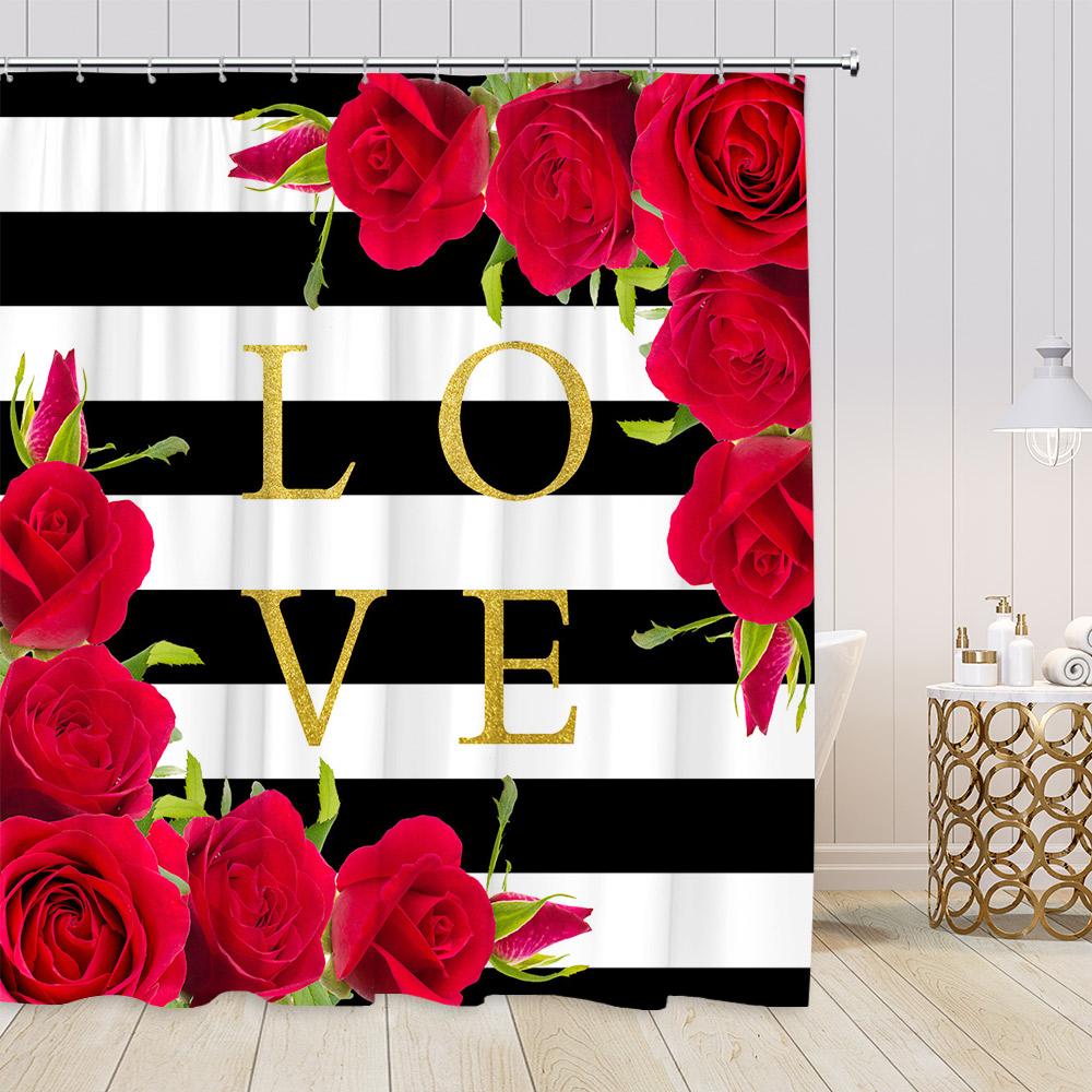 Pink Perfume Shower Curtains Cosmetics High Heels Flowers Black White Stripes Bathroom Decor Girl Fashion Vintage Bath Curtain