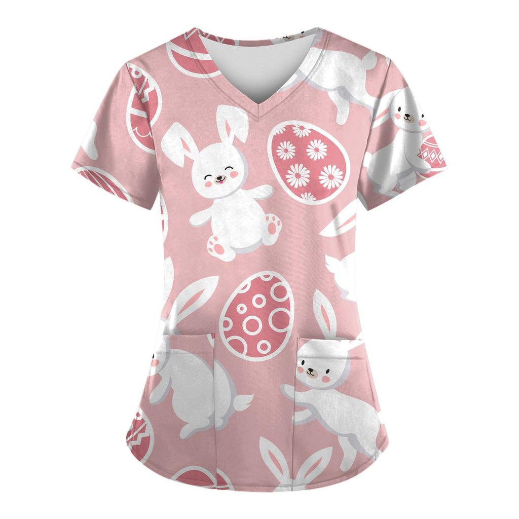 Women Fashion Easter Print V-neck Short Sleeve Workwear With Pockets Tops