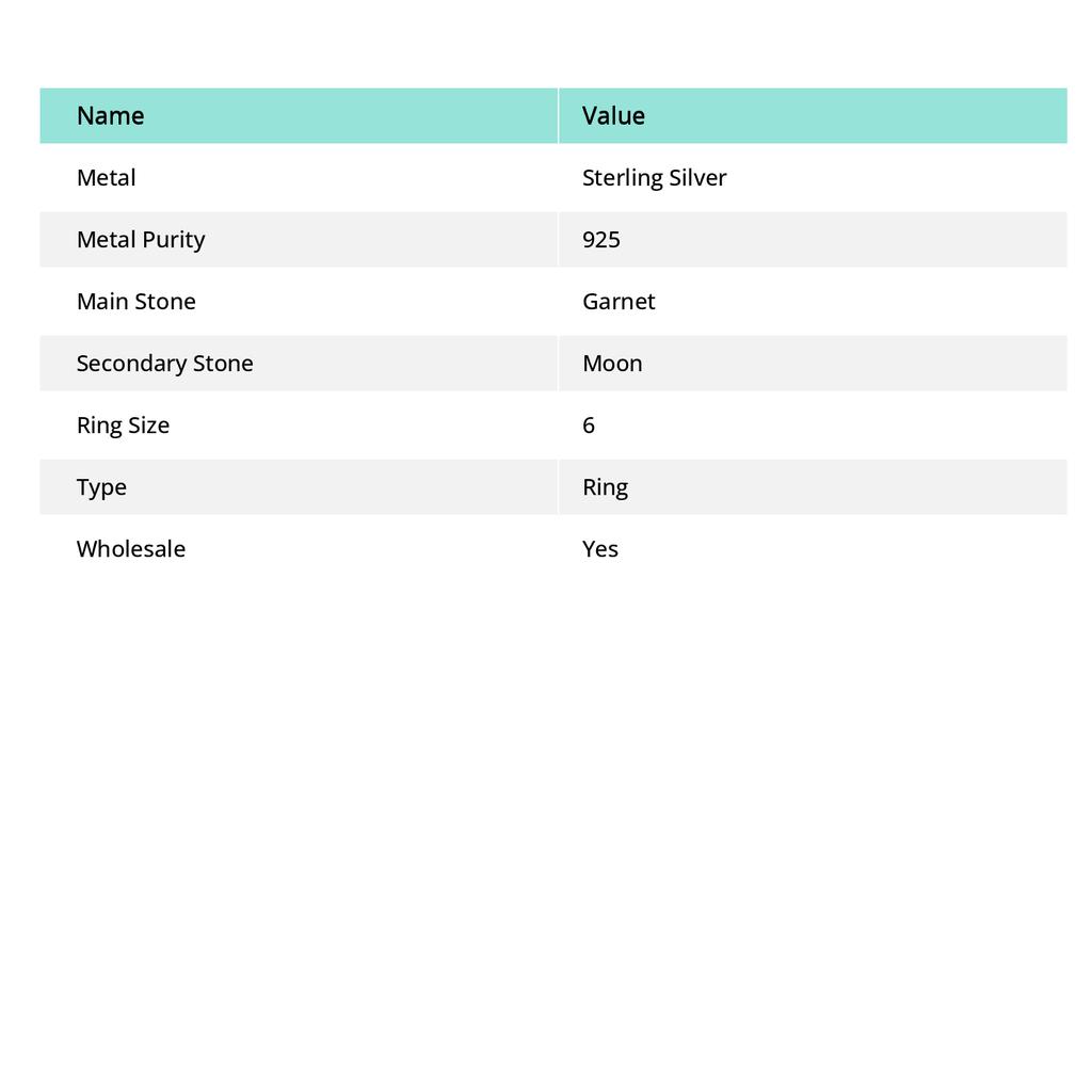 Grenat Naturel, Pierre de Lune Bijoux Argent Sterling 925 Bague Taille 6 G2f17