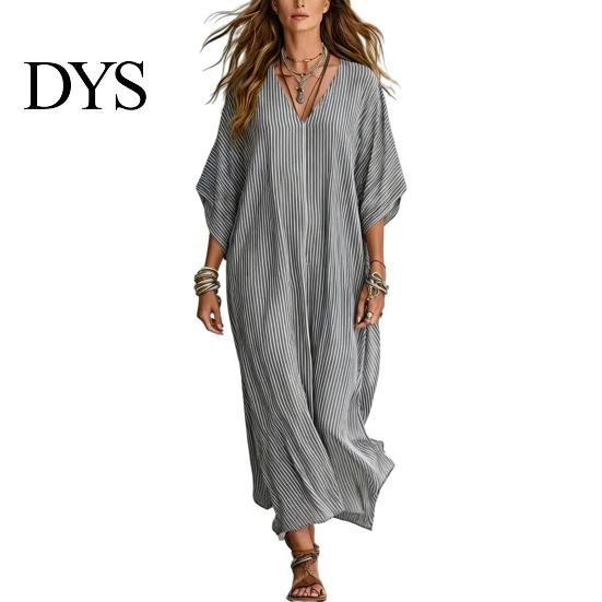Breathable Beach Dress Women V-Neck Striped Dress, Summer Half Sleeve Casual Ankle Daily Length Loose Swing for Vacation Wear Soft