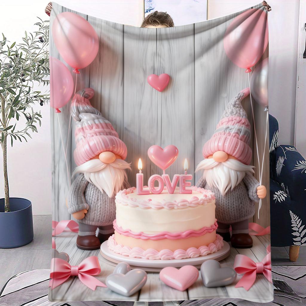 Cute Gnome Couple Flannel Blanket Heart Pattern Warm Throw Lightweight Cozy Cover for Living Room Christmas Valentine's Day Gift