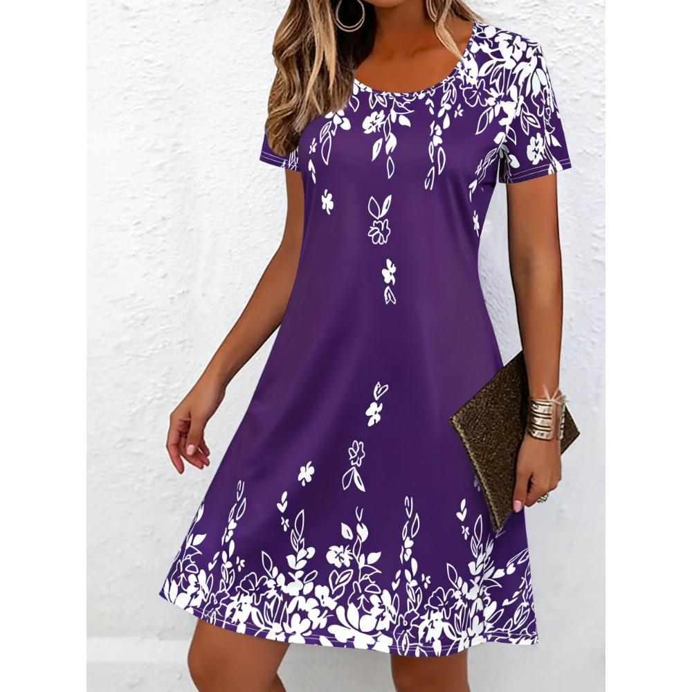 Dámské ležérní minišaty s květinovým potiskem Vintage s kulatým výstřihem a krátkým rukávem Módní Boho ležérní šaty