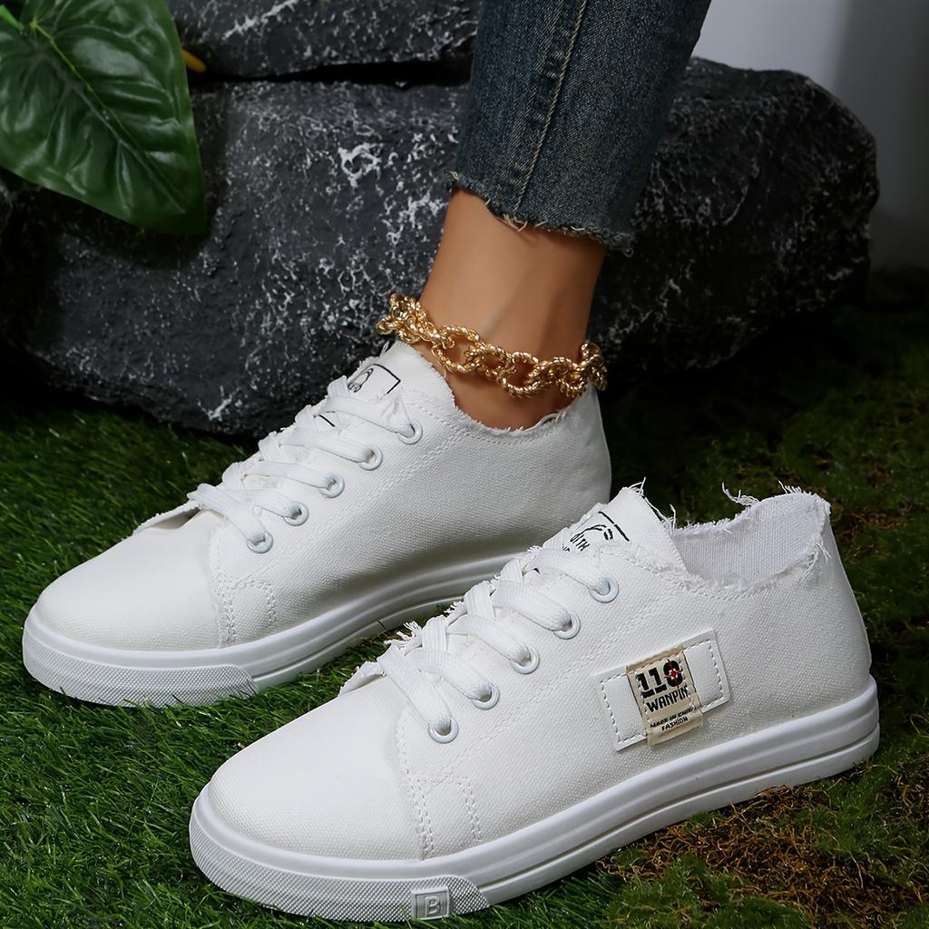 Women's Solid Color Canvas Shoes, Casual Lace Up Outdoor Shoes, Lightweight Low Top Sneakers