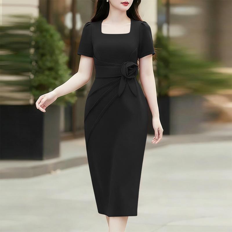 

ZANZEA Women Elegant Square Collar Casual Short Sleeve Slim Sheath Dress S чёрный