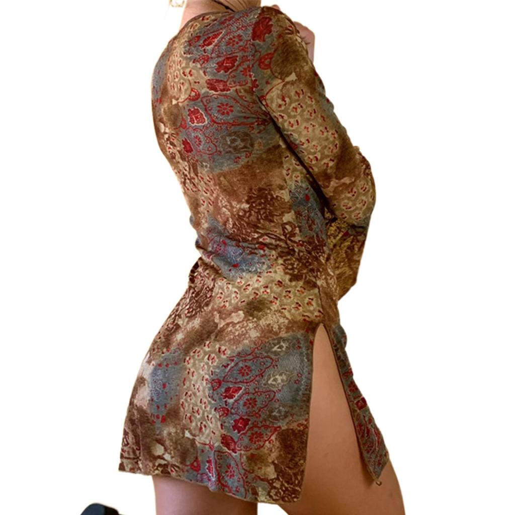 Vintage Print Dresses Women Tie-up Sheath Dress Adults Vintage Print Flare Sleeve V-neck Slit Short Skirt