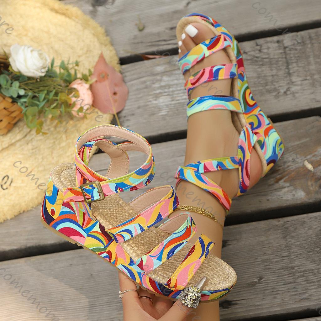 Fashion Comemore Large Size Colourful Sandals Women Gladiator Platform Summer Shoes for Women Casual Wedge High Heels Roman Sandalias