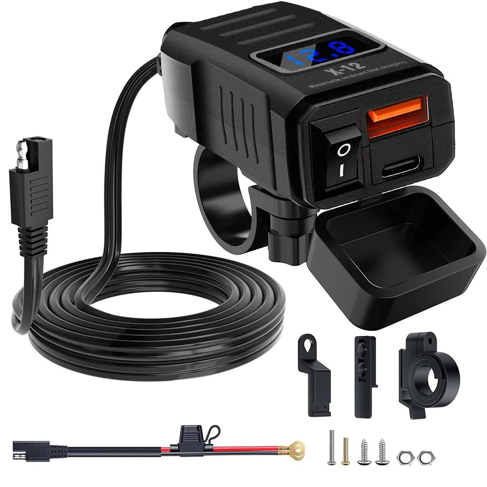 48W PD QC3.0 Motorcycle Charger Dual Ports with Voltmeter & Switch 12V-24V USB Type C Waterproof SAE Handlebar Power Adapter