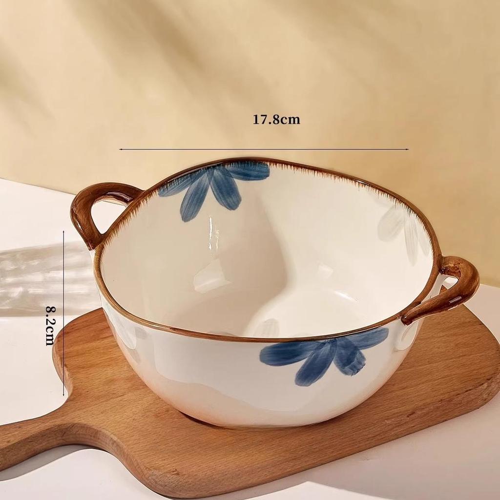 Keramik-Suppenschüssel im japanischen Stil mit Griff 800ml, Unterglasurfarbenes florales Serviergeschirr für Eintopf, Pasta, Müsli, Mikrowellen- und ofenfest, 1 Stück