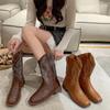 New Winter Vintage Brown Women Boots Cowboy Boots Women Embroidered Square Toe Brown Long Boots Chunky Mid Calf Women Shoes