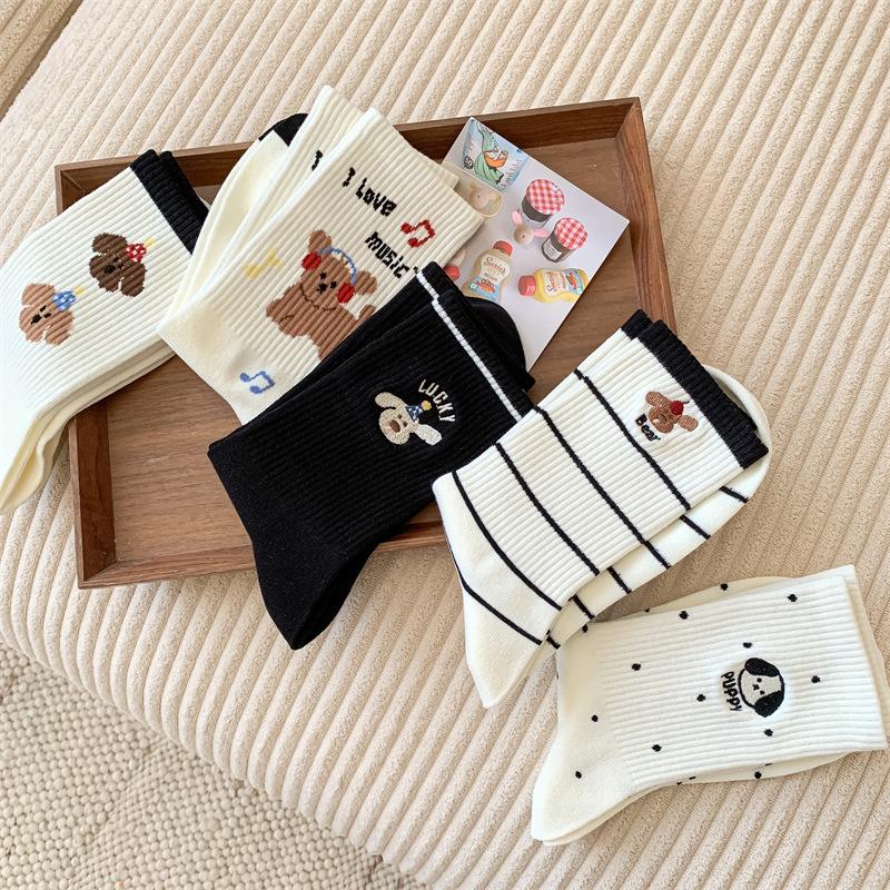 Female Autumn Cotton Polka Dot Striped Cartoon Puppy Cute Preppy Air Breathable Mid Tube Pile Socks