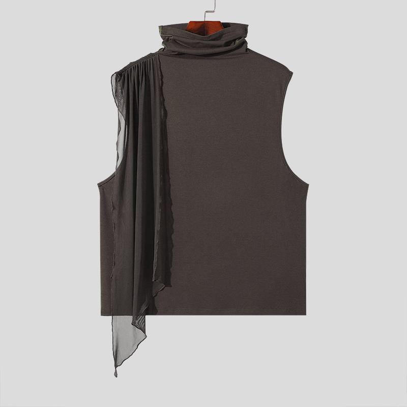 

INCERUN Мужские топы без рукавов с высоким воротом в стиле пэчворк, повседневные кружевные летние жилеты с оборками 2XL коричневый